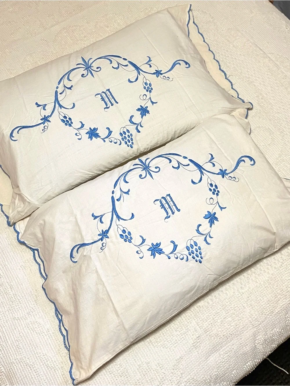 Vintage Cream Pillowcases with Blue Vine Monogram - Vintage